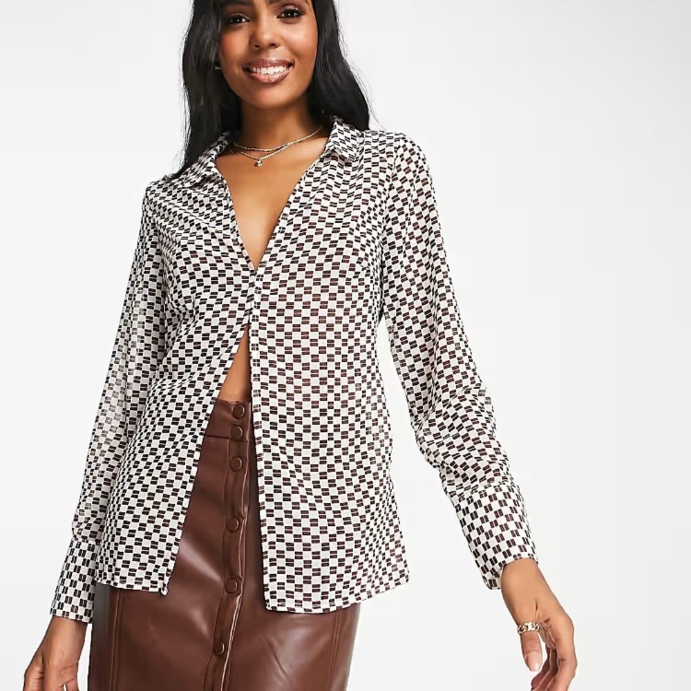 Abercrombie & Fitch Sheer Blouse Top Long Sleeve Brown Checkerboard Women Medium